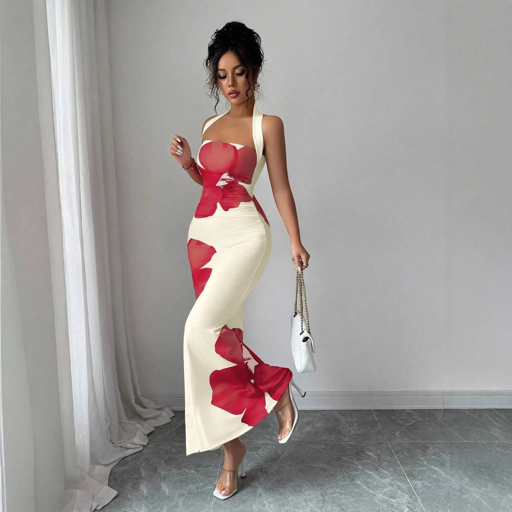 Vestido largo ajustado estampado con escote halter y espalda descubierta para mujer, nuevo estilo de moda 2026.