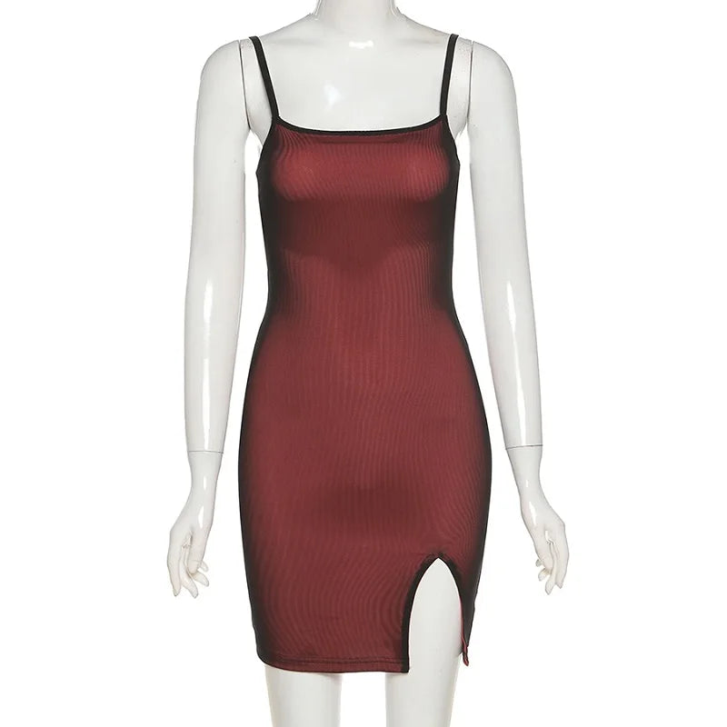 Vestido ajustado sexy de doble capa de malla para mujer, sin mangas, para fiestas, estilo bodycon, 2025, con vendaje elástico y abertura, tendencia para discotecas.