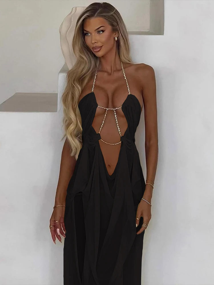 Vestido de fiesta Nibber para mujer, sexy, transparente, de lujo, con cadena, cuello halter bajo, sin espalda, sin mangas, elegante, medianoche.