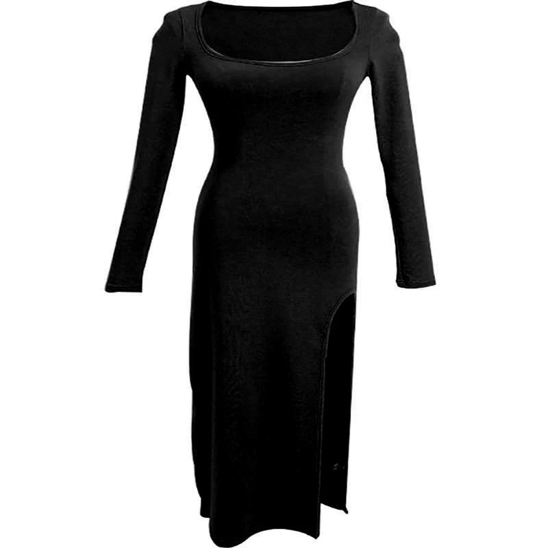 Vestido sexy con abertura lateral, ajustado, cruzado, por encima de la rodilla, de manga larga, negro, primavera/otoño Talla única