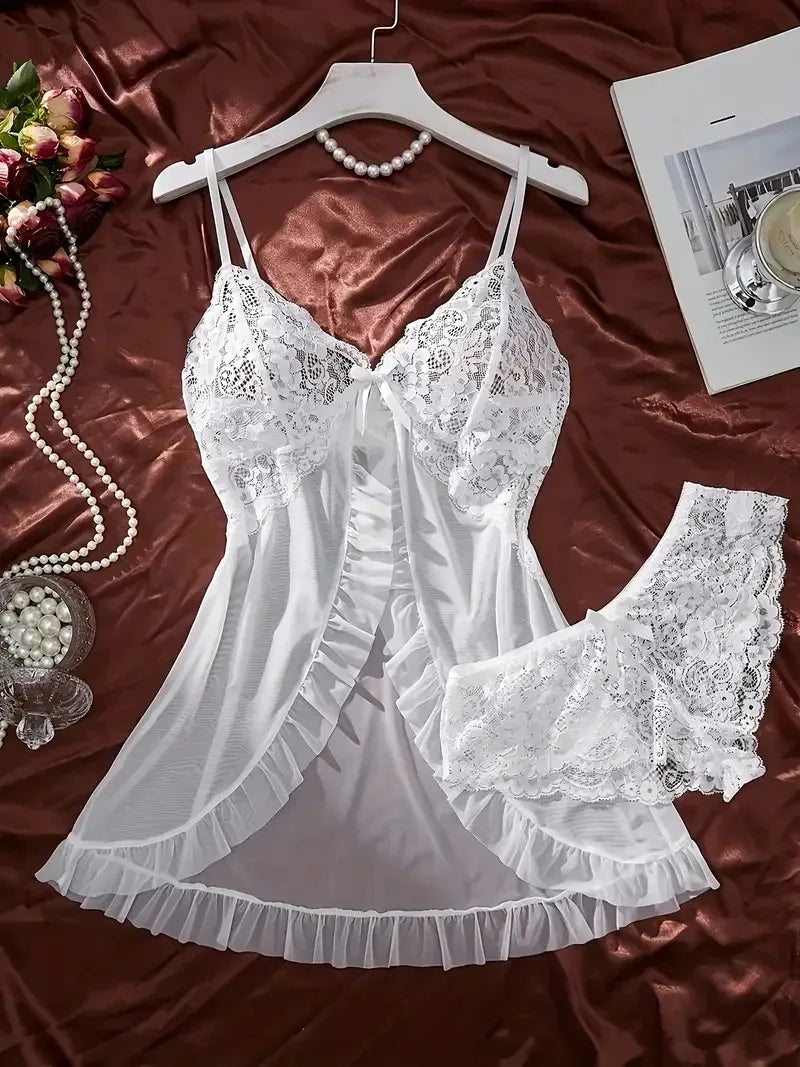 Conjunto de camisón ultra sexy de tul con escote en V, sujetador, falda abierta para dormir, vestido erótico de noche, pijama transparente para mujer, lencería, pantalones, kit de lujo.