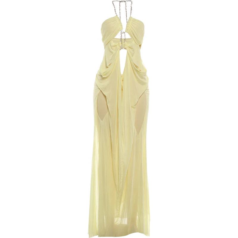 Vestido de fiesta Nibber para mujer, sexy, transparente, de lujo, con cadena, cuello halter bajo, sin espalda, sin mangas, elegante, medianoche.