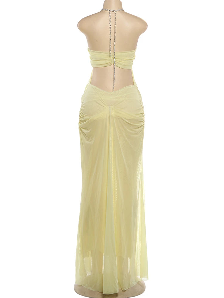 Vestido de fiesta Nibber para mujer, sexy, transparente, de lujo, con cadena, cuello halter bajo, sin espalda, sin mangas, elegante, medianoche.