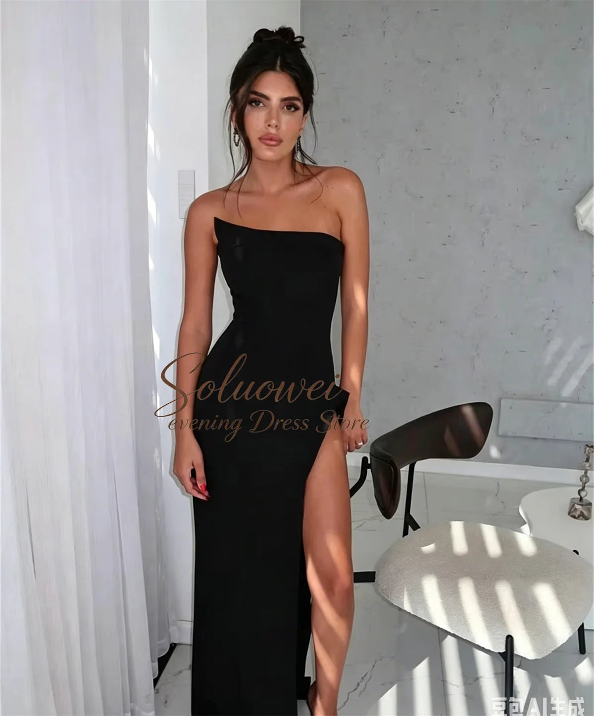 Hermoso y elegantes para mujer con pliegues, sencillo vestido de fiesta negro estilo sirena, sexy, sin hombros, con abertura alta, personalizados.