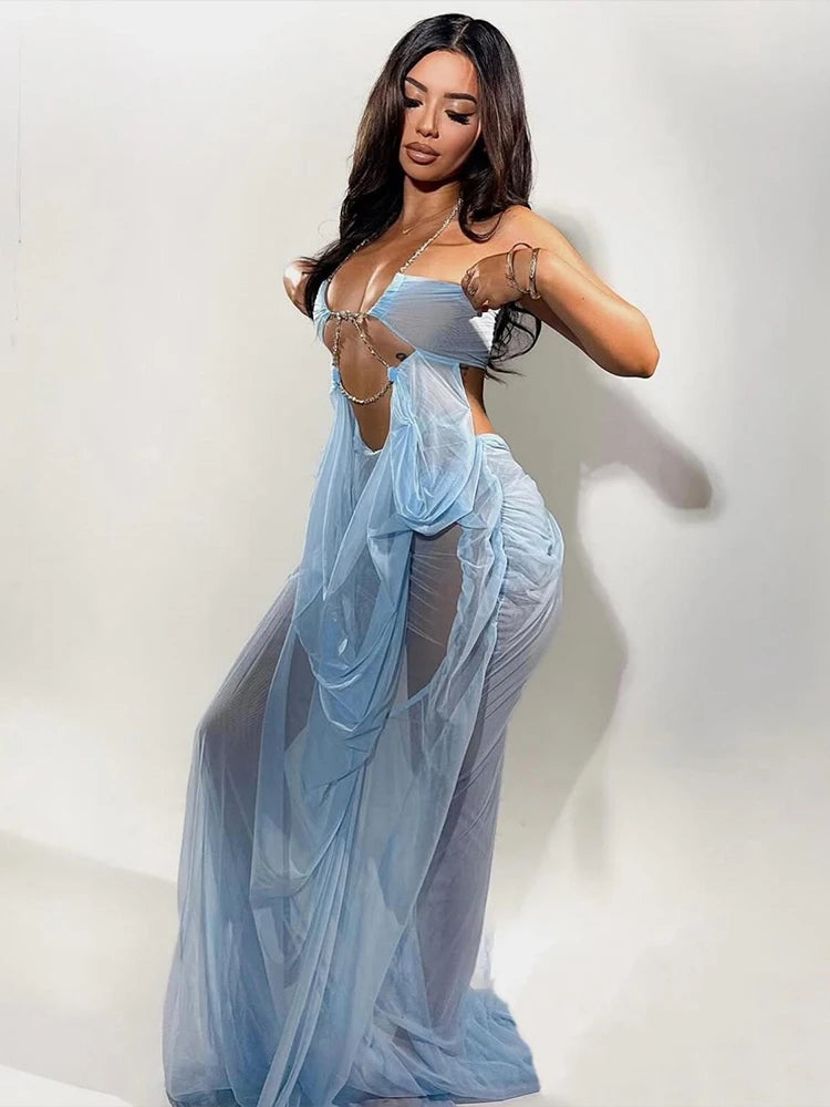 Vestido de fiesta Nibber para mujer, sexy, transparente, de lujo, con cadena, cuello halter bajo, sin espalda, sin mangas, elegante, medianoche.