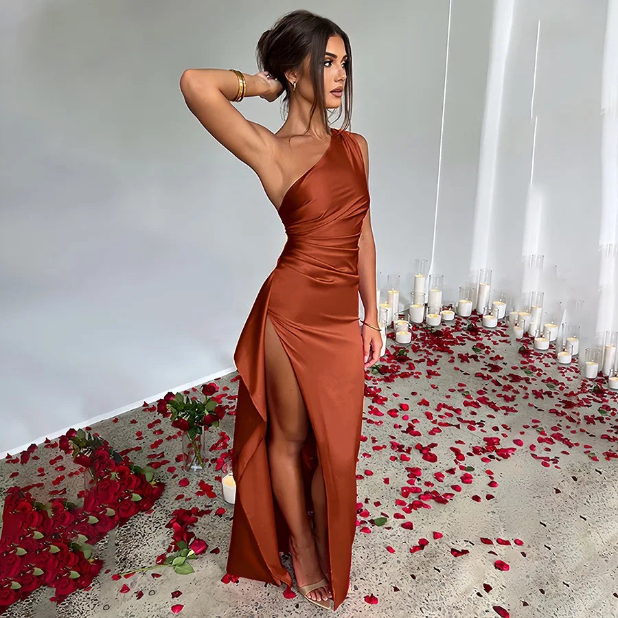 Vestido largo sexy y elegante, un solo hombro, sin mangas, con abertura alta en la espalda