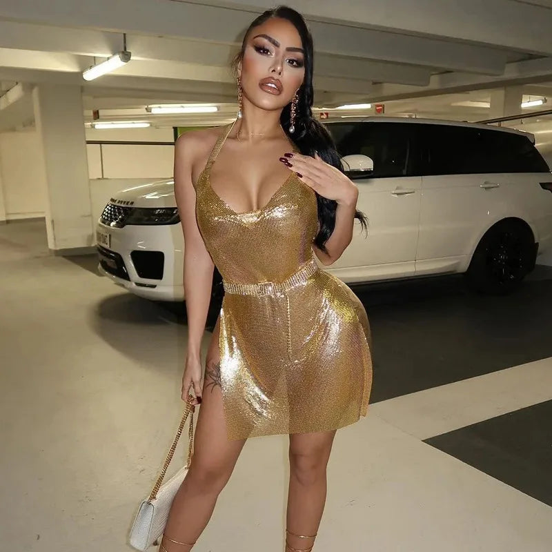 Vestido corto sexy a la moda para mujer, con escote asimétrico, espalda descubierta y lentejuelas en el pecho, provocativa y sexy