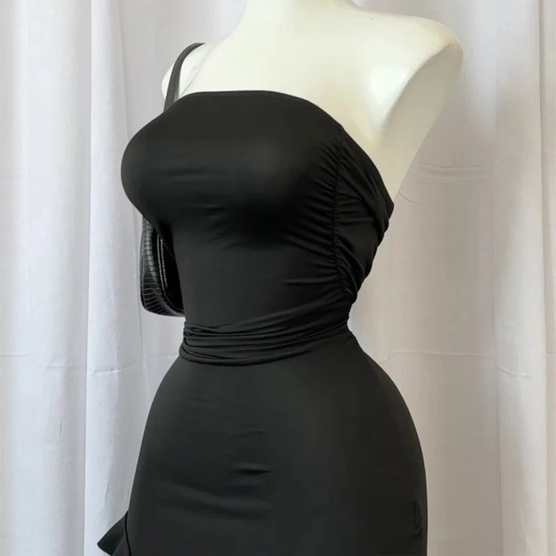 Vestido corto sin tirantes sexy  con abertura alta para mujer,vestido de fiesta negro y rosa sin espalda, sin mangas.