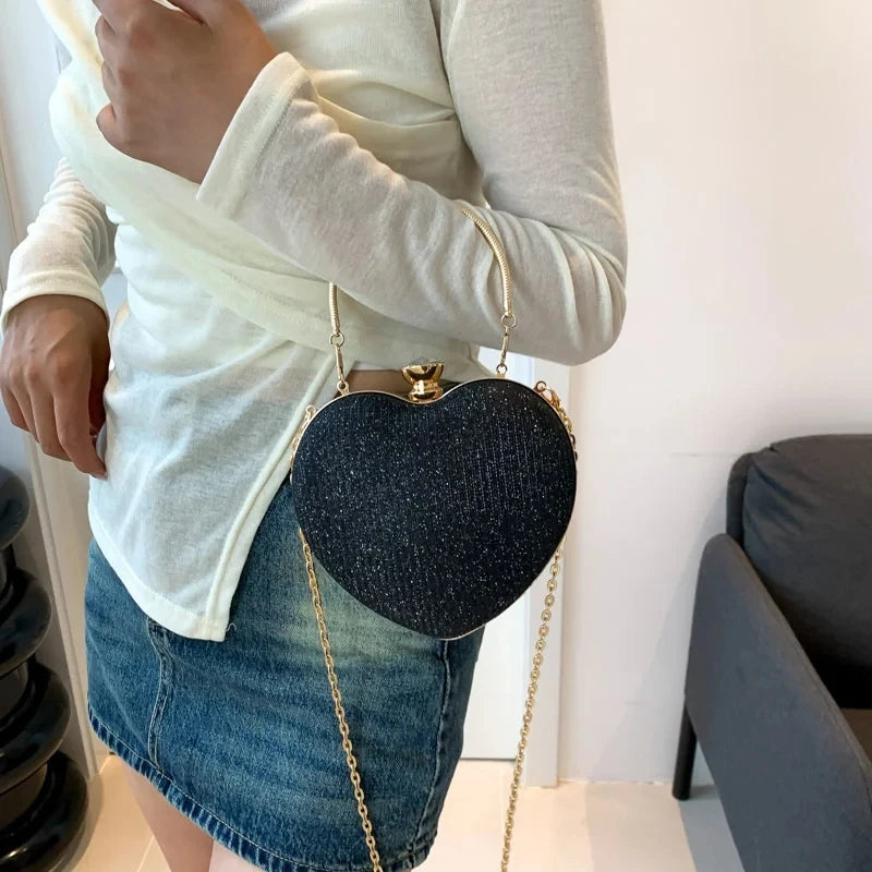 Bolso de mano de noche para mujer, bolso brillante con forma de corazón, bolsos de mano metálicos, bolsos de moda con cadena, bolsos de hombro y bandoleras de lujo para mujer