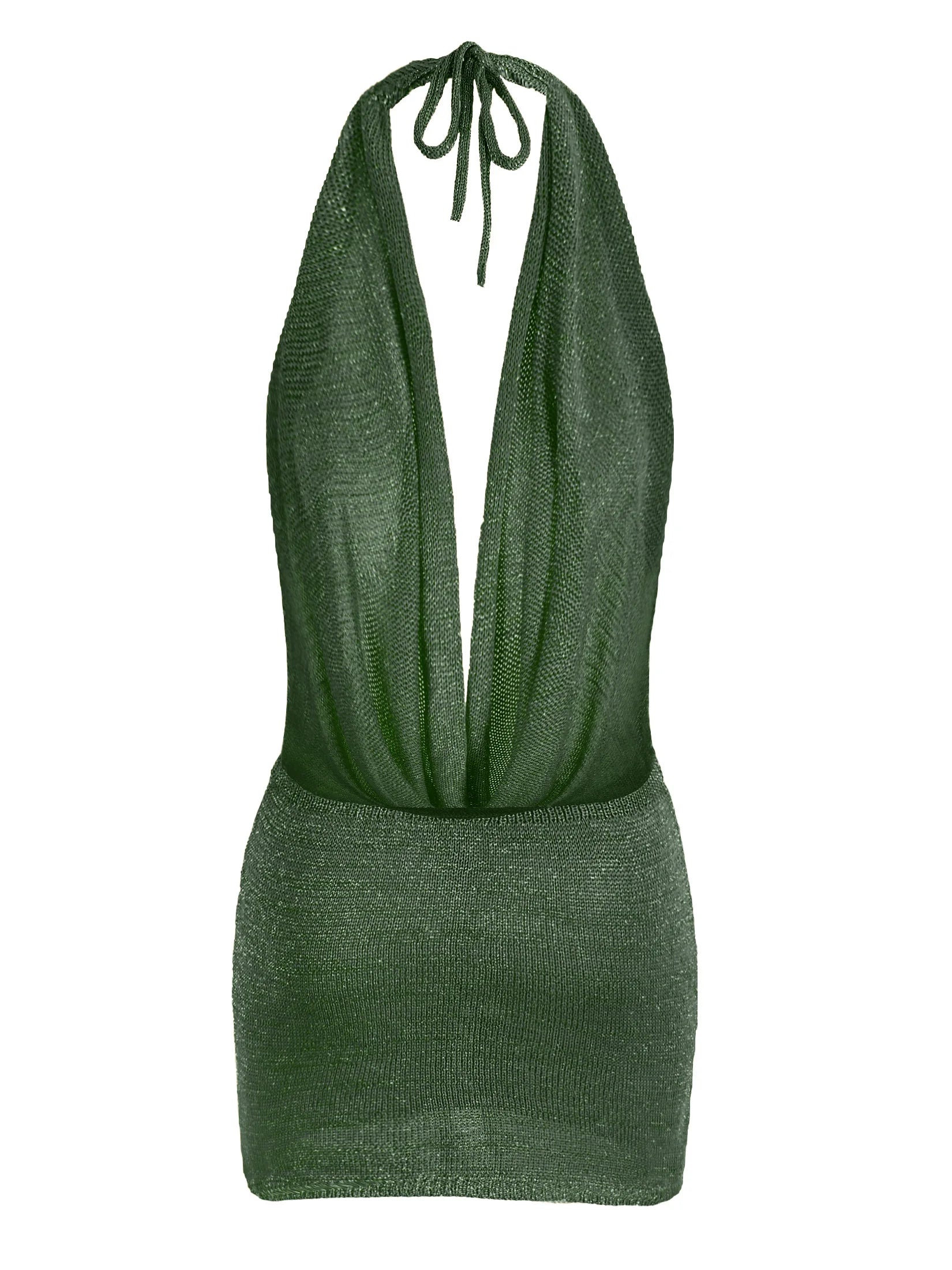 Vestido corto de playa de punto de seda brillante con escote en V profundo y espalda descubierta, sexy y con volantes, ideal para vacaciones de verano 2026 (cinturón no incluido)