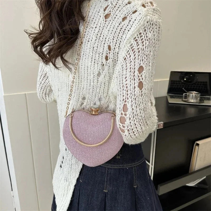 Bolso de mano de noche para mujer, bolso brillante con forma de corazón, bolsos de mano metálicos, bolsos de moda con cadena, bolsos de hombro y bandoleras de lujo para mujer