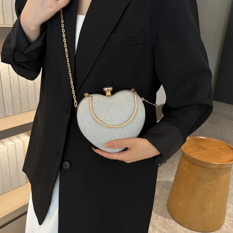 Bolso de mano de noche para mujer, bolso brillante con forma de corazón, bolsos de mano metálicos, bolsos de moda con cadena, bolsos de hombro y bandoleras de lujo para mujer