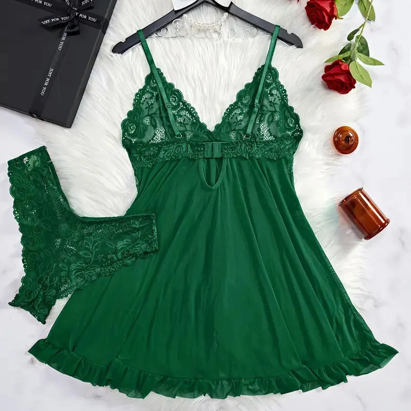 Conjunto de camisón ultra sexy de tul con escote en V, sujetador, falda abierta para dormir, vestido erótico de noche, pijama transparente para mujer, lencería, pantalones, kit de lujo.