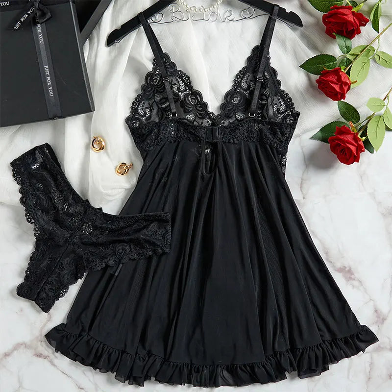 Conjunto de camisón ultra sexy de tul con escote en V, sujetador, falda abierta para dormir, vestido erótico de noche, pijama transparente para mujer, lencería, pantalones, kit de lujo.