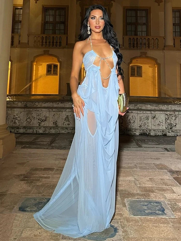 Vestido de fiesta Nibber para mujer, sexy, transparente, de lujo, con cadena, cuello halter bajo, sin espalda, sin mangas, elegante, medianoche.