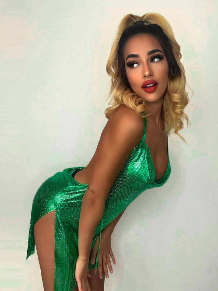 Vestido corto sexy a la moda para mujer, con escote asimétrico, espalda descubierta y lentejuelas en el pecho, provocativa y sexy