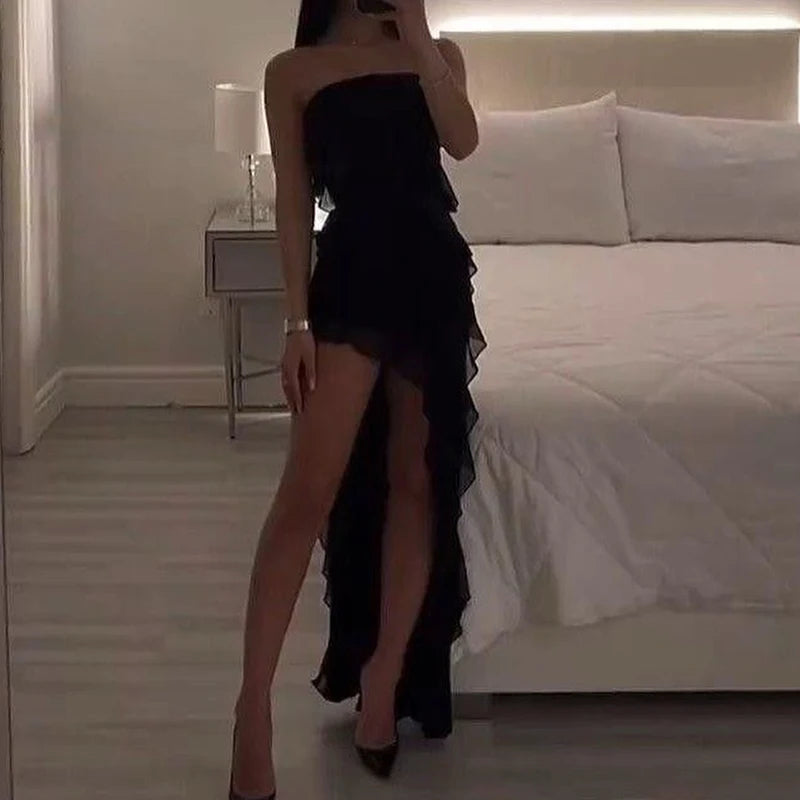 Vestido corto sin tirantes sexy  con abertura alta para mujer,vestido de fiesta negro y rosa sin espalda, sin mangas.