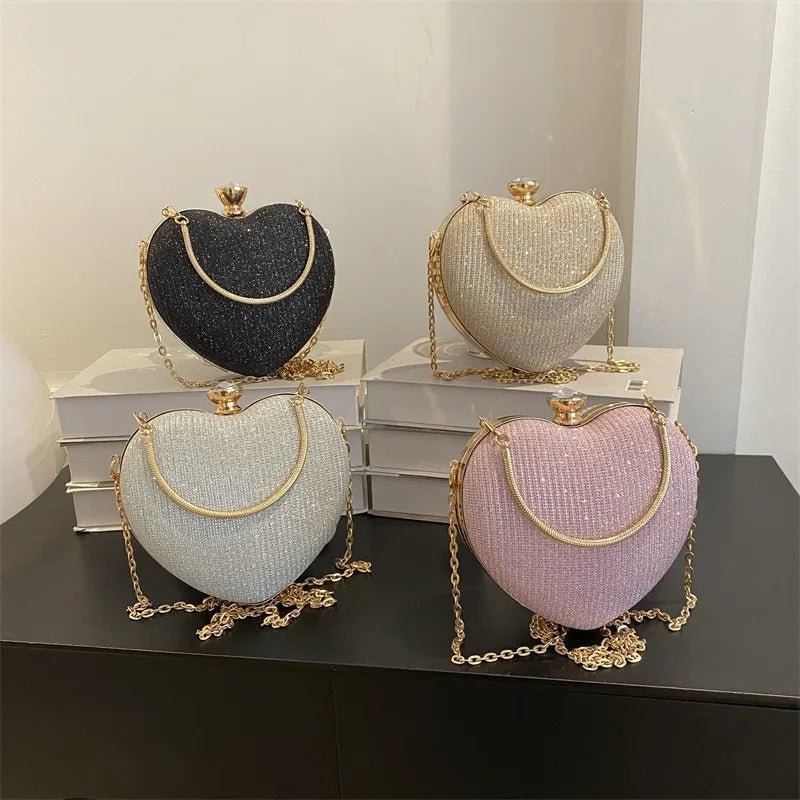 Bolso de mano de noche para mujer, bolso brillante con forma de corazón, bolsos de mano metálicos, bolsos de moda con cadena, bolsos de hombro y bandoleras de lujo para mujer