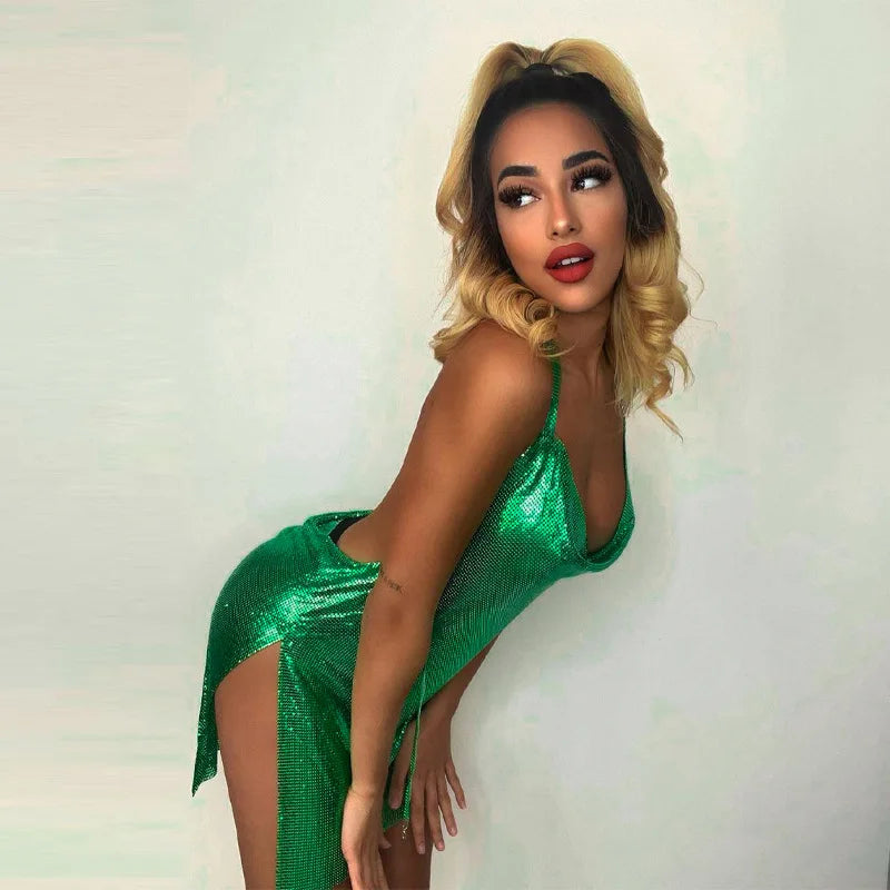 Vestido corto sexy a la moda para mujer, con escote asimétrico, espalda descubierta y lentejuelas en el pecho, provocativa y sexy