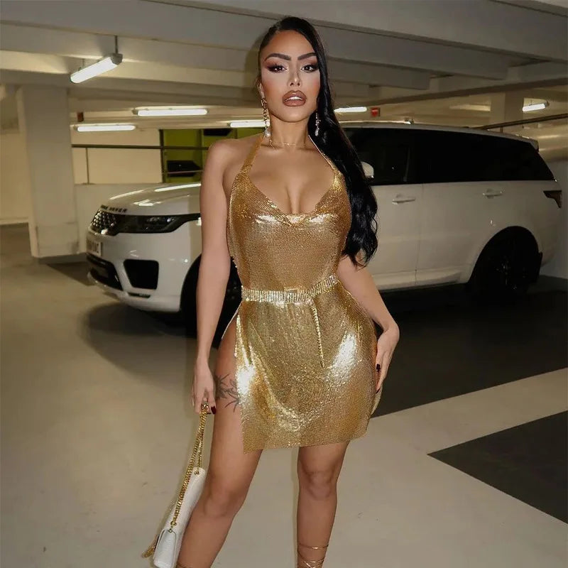 Vestido corto sexy a la moda para mujer, con escote asimétrico, espalda descubierta y lentejuelas en el pecho, provocativa y sexy