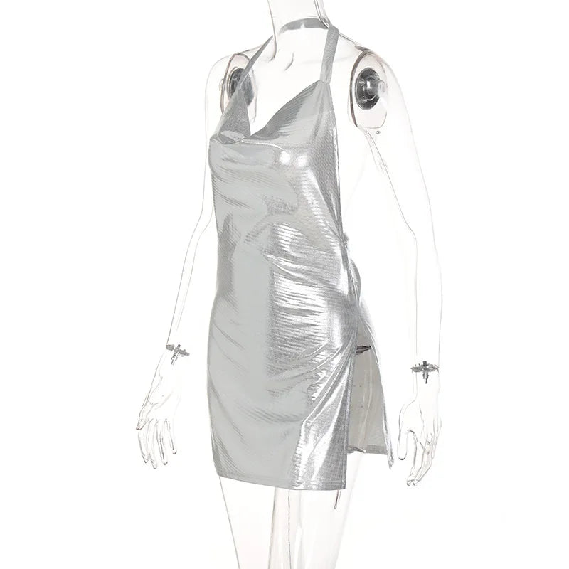 Vestido corto sexy a la moda para mujer, con escote asimétrico, espalda descubierta y lentejuelas en el pecho, provocativa y sexy
