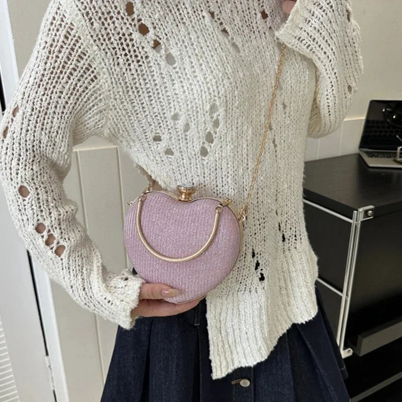 Bolso de mano de noche para mujer, bolso brillante con forma de corazón, bolsos de mano metálicos, bolsos de moda con cadena, bolsos de hombro y bandoleras de lujo para mujer