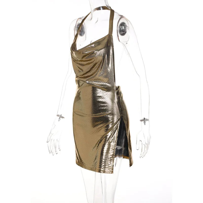 Vestido corto sexy a la moda para mujer, con escote asimétrico, espalda descubierta y lentejuelas en el pecho, provocativa y sexy
