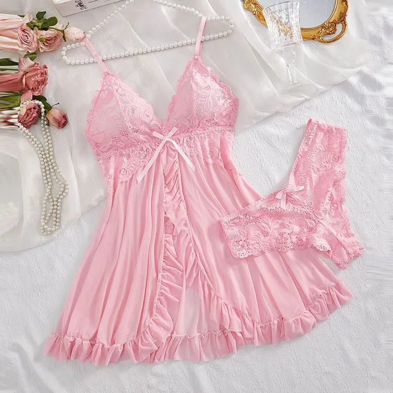 Conjunto de camisón ultra sexy de tul con escote en V, sujetador, falda abierta para dormir, vestido erótico de noche, pijama transparente para mujer, lencería, pantalones, kit de lujo.
