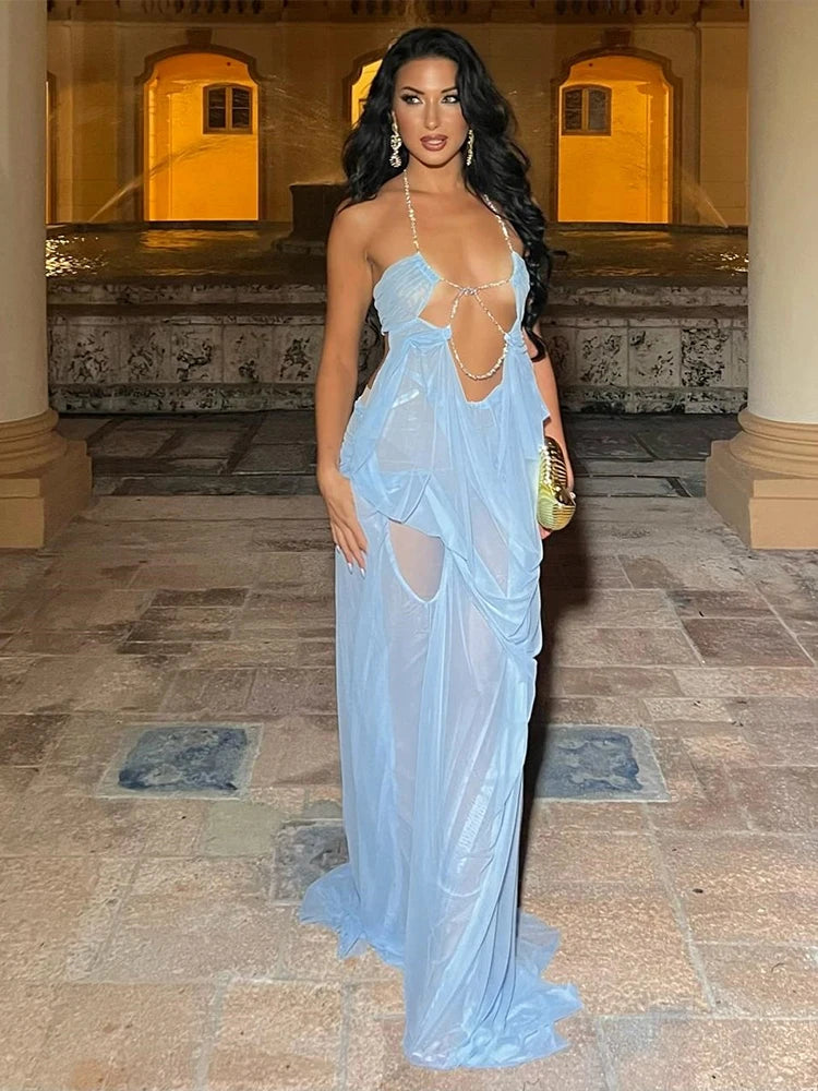 Vestido de fiesta Nibber para mujer, sexy, transparente, de lujo, con cadena, cuello halter bajo, sin espalda, sin mangas, elegante, medianoche.