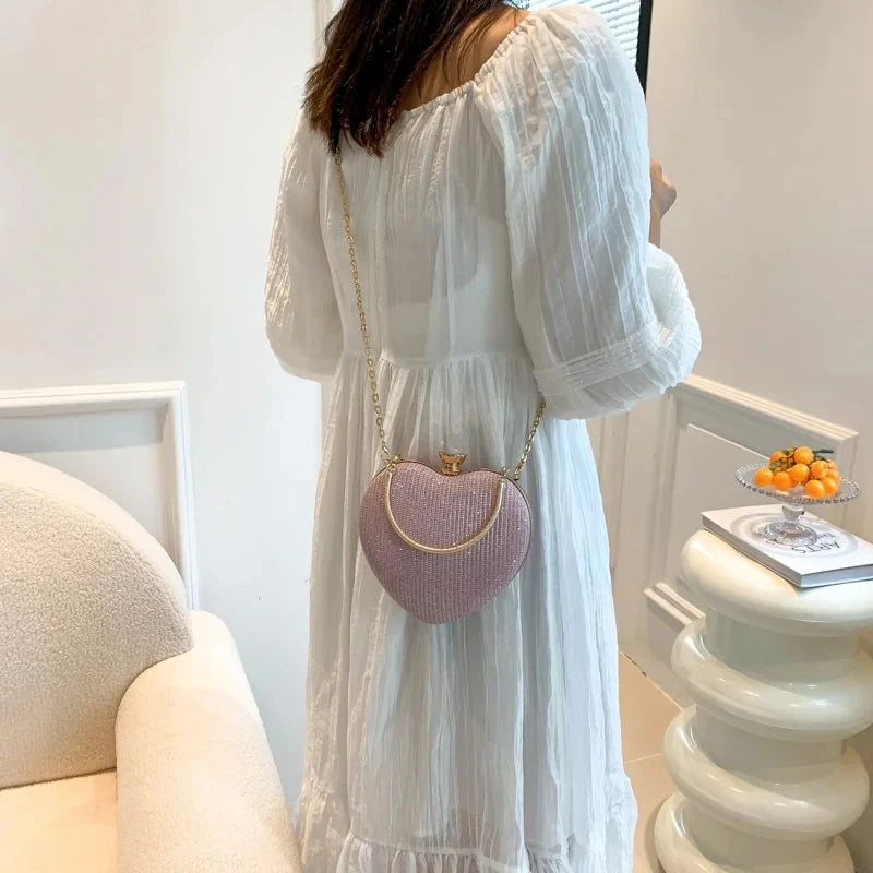 Bolso de mano de noche para mujer, bolso brillante con forma de corazón, bolsos de mano metálicos, bolsos de moda con cadena, bolsos de hombro y bandoleras de lujo para mujer