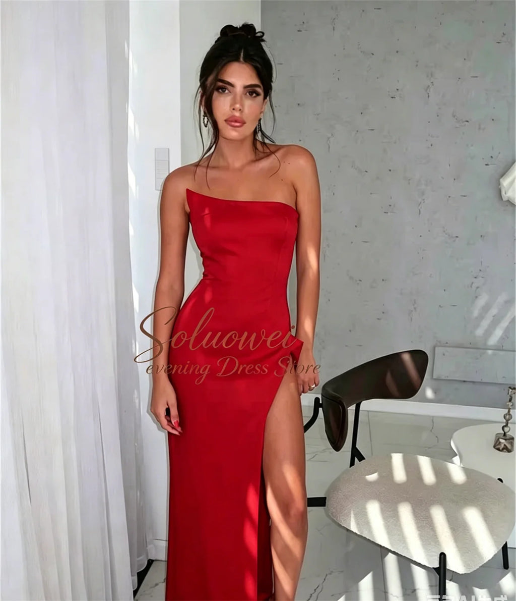 Hermoso y elegantes para mujer con pliegues, sencillo vestido de fiesta negro estilo sirena, sexy, sin hombros, con abertura alta, personalizados.