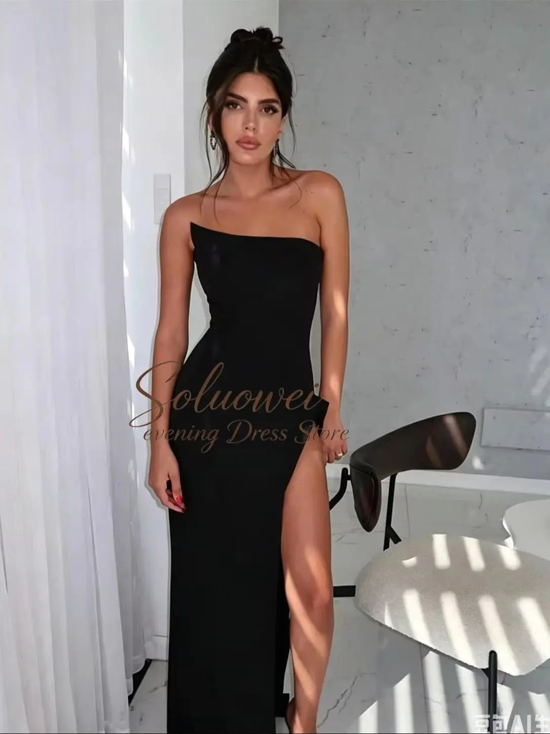 Hermoso y elegantes para mujer con pliegues, sencillo vestido de fiesta negro estilo sirena, sexy, sin hombros, con abertura alta, personalizados.