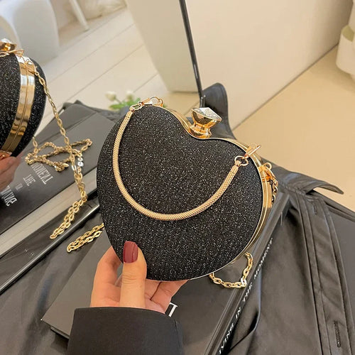 Bolso de mano de noche para mujer, bolso brillante con forma de corazón, bolsos de mano metálicos, bolsos de moda con cadena, bolsos de hombro y bandoleras de lujo para mujer