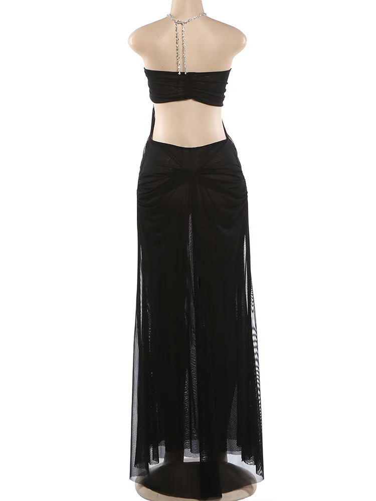 Vestido de fiesta Nibber para mujer, sexy, transparente, de lujo, con cadena, cuello halter bajo, sin espalda, sin mangas, elegante, medianoche.