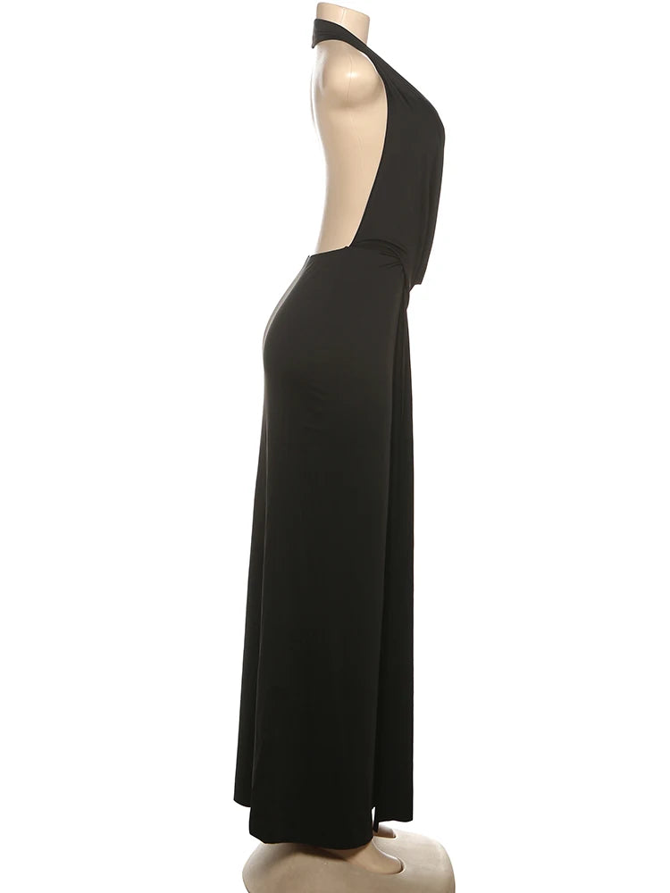 Vestido largo Sisterlinda Sexy High Splits para mujer, estilo halter, escote en V profundo, sin espalda, sin mangas, para fiestas en la piscina de verano, fruncido, elegante.