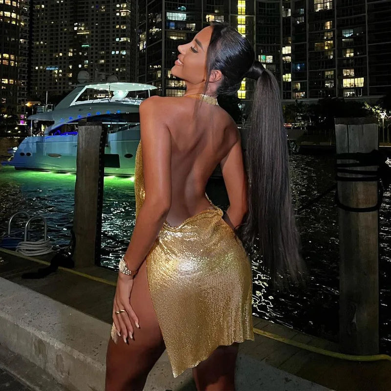 Vestido corto sexy a la moda para mujer, con escote asimétrico, espalda descubierta y lentejuelas en el pecho, provocativa y sexy