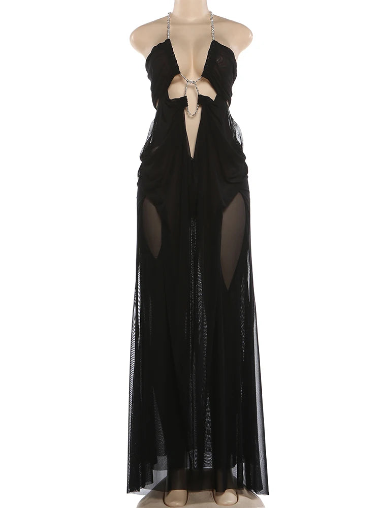 Vestido de fiesta Nibber para mujer, sexy, transparente, de lujo, con cadena, cuello halter bajo, sin espalda, sin mangas, elegante, medianoche.
