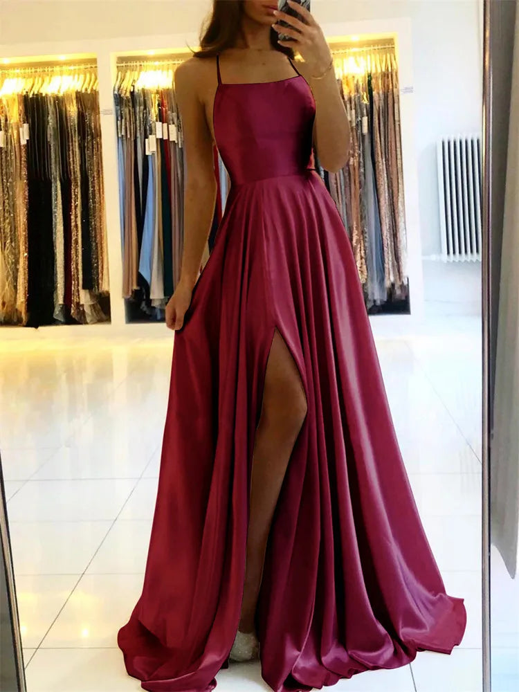 Vestido largo de playa de satén burdeos para mujer, ideal para cualquier ocasion, con abertura lateral y tirantes ajustables. Vestido de noche/fiesta de graduación