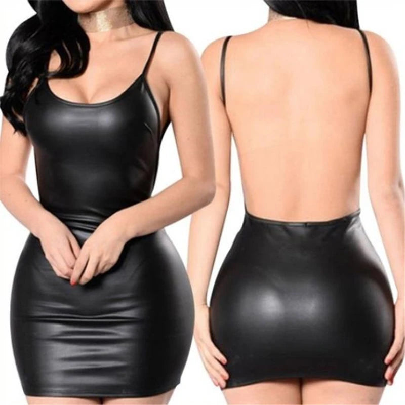 Vestido sexy de piel sintética sin espalda para fiestas en discotecas, vestido corto negro liso con efecto mojado, sujetador ajustado push-up de látex, minivestido micro