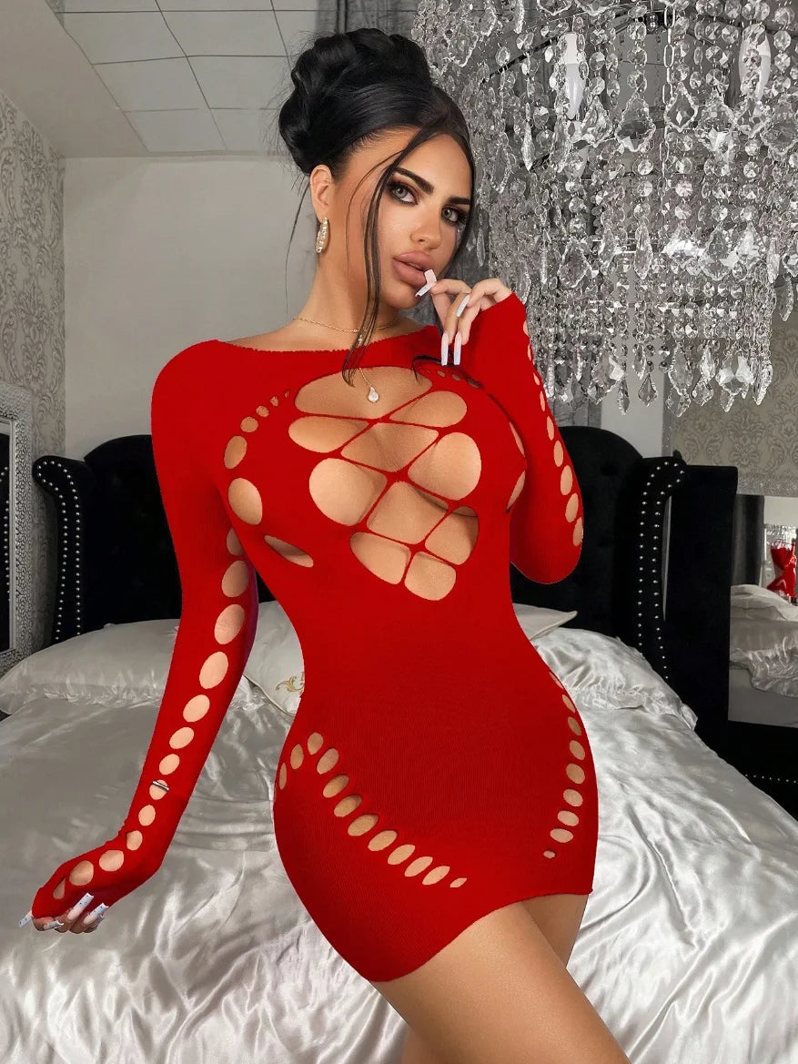 Vestido ajustado sexy de mujer con cuello halter, aberturas y lencería elástica de rejilla, ropa de dormir, ropa de noche