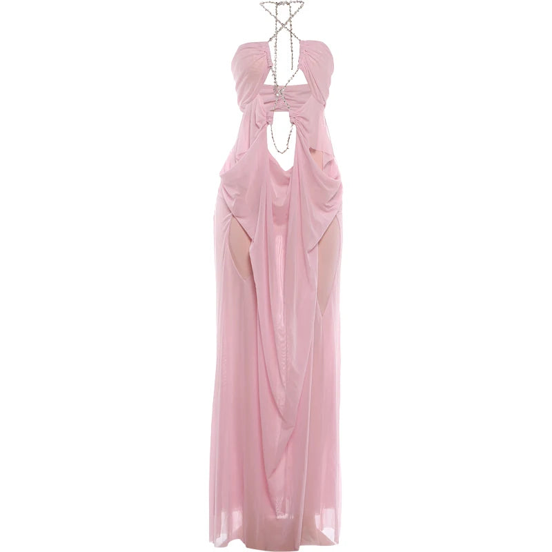 Vestido de fiesta Nibber para mujer, sexy, transparente, de lujo, con cadena, cuello halter bajo, sin espalda, sin mangas, elegante, medianoche.