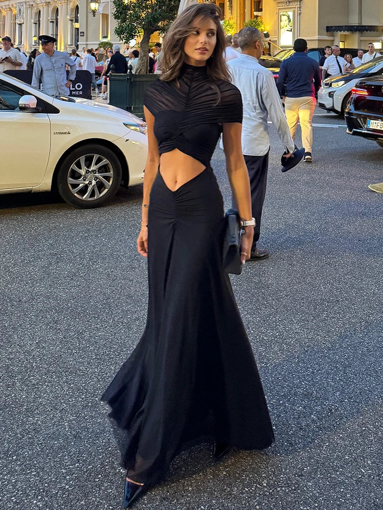 Mozision Hollow Out Short Sleeve Sexy Maxi Dress Women Fashion O Neck Ruched High Waist Bodycon Club Party Long Dress Female