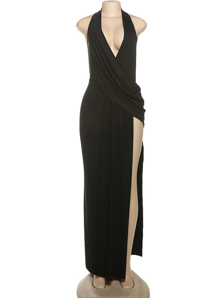 Vestido largo Sisterlinda Sexy High Splits para mujer, estilo halter, escote en V profundo, sin espalda, sin mangas, para fiestas en la piscina de verano, fruncido, elegante.