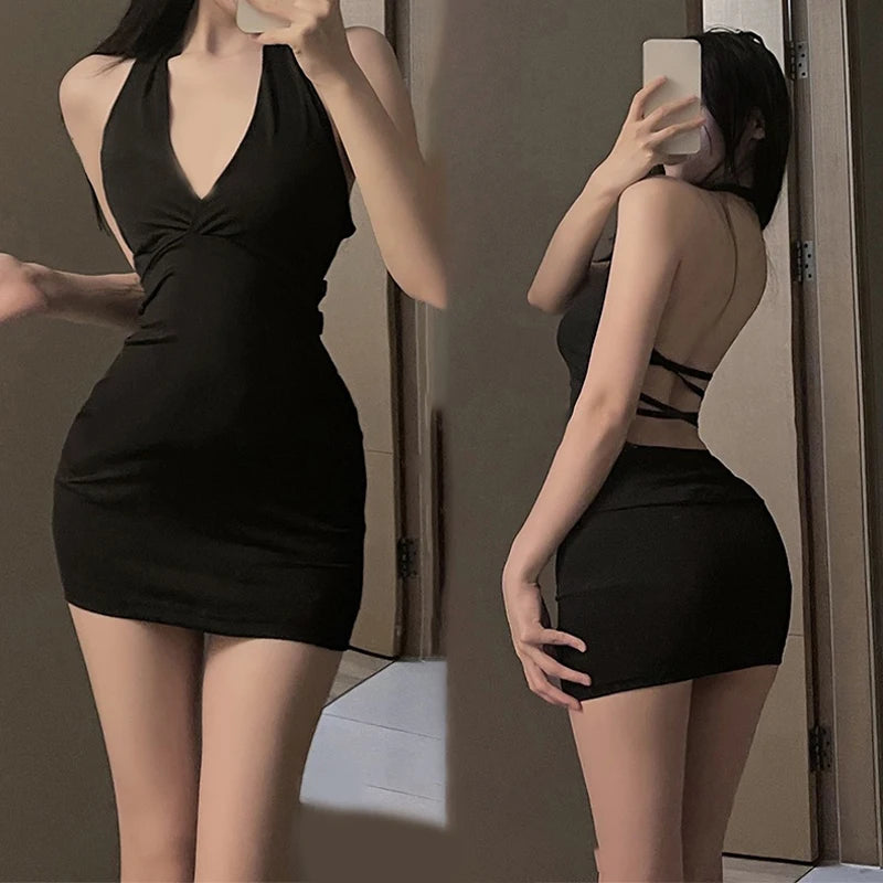 Vestido erótico de una pieza, sexy y uniforme para mujer, cuello en V, ajustado, sin espalda, seductor