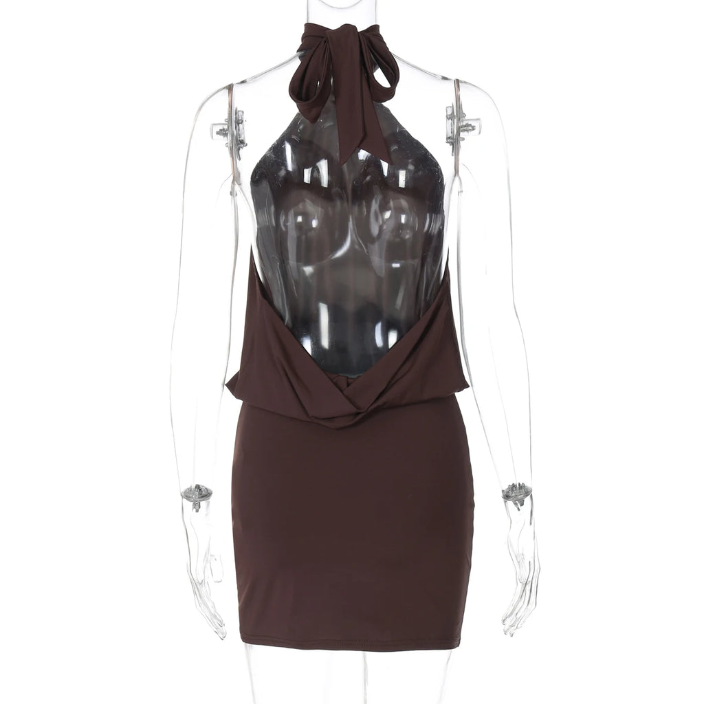 Vestido corto ajustado sexy sin mangas, espalda descubierta y cuello halter de Hugcitar Fashion, estilo vendaje, fruncido, estilo verano, ideal para fiestas y vacaciones.