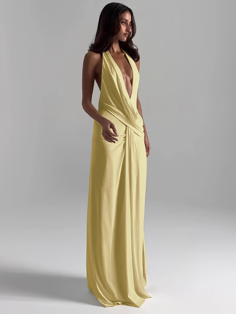 Vestido largo Sisterlinda Sexy High Splits para mujer, estilo halter, escote en V profundo, sin espalda, sin mangas, para fiestas en la piscina de verano, fruncido, elegante.