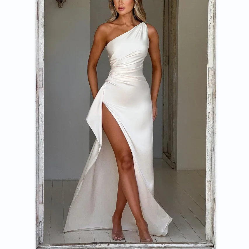 Vestido largo sexy y elegante, un solo hombro, sin mangas, con abertura alta en la espalda