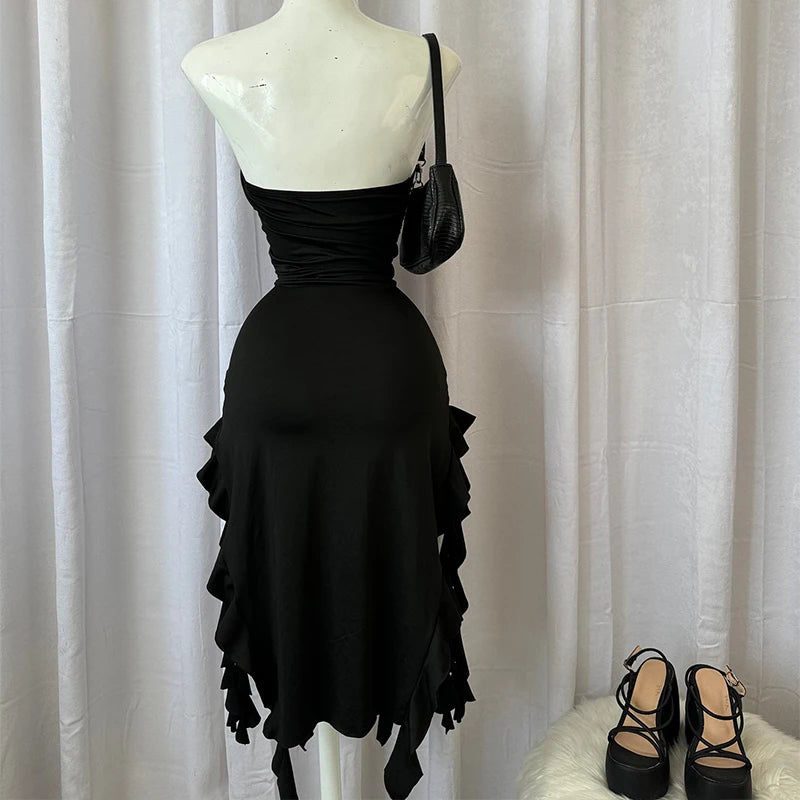 Vestido corto sin tirantes sexy  con abertura alta para mujer,vestido de fiesta negro y rosa sin espalda, sin mangas.