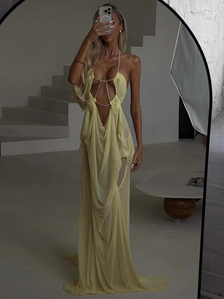 Vestido de fiesta Nibber para mujer, sexy, transparente, de lujo, con cadena, cuello halter bajo, sin espalda, sin mangas, elegante, medianoche.
