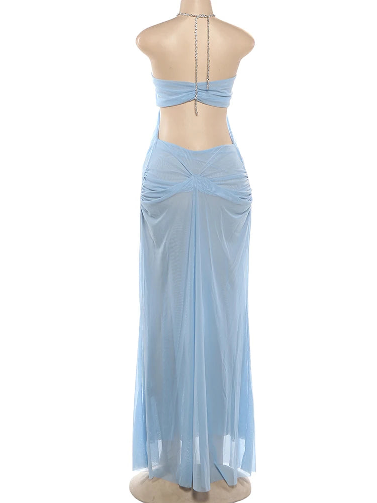 Vestido de fiesta Nibber para mujer, sexy, transparente, de lujo, con cadena, cuello halter bajo, sin espalda, sin mangas, elegante, medianoche.